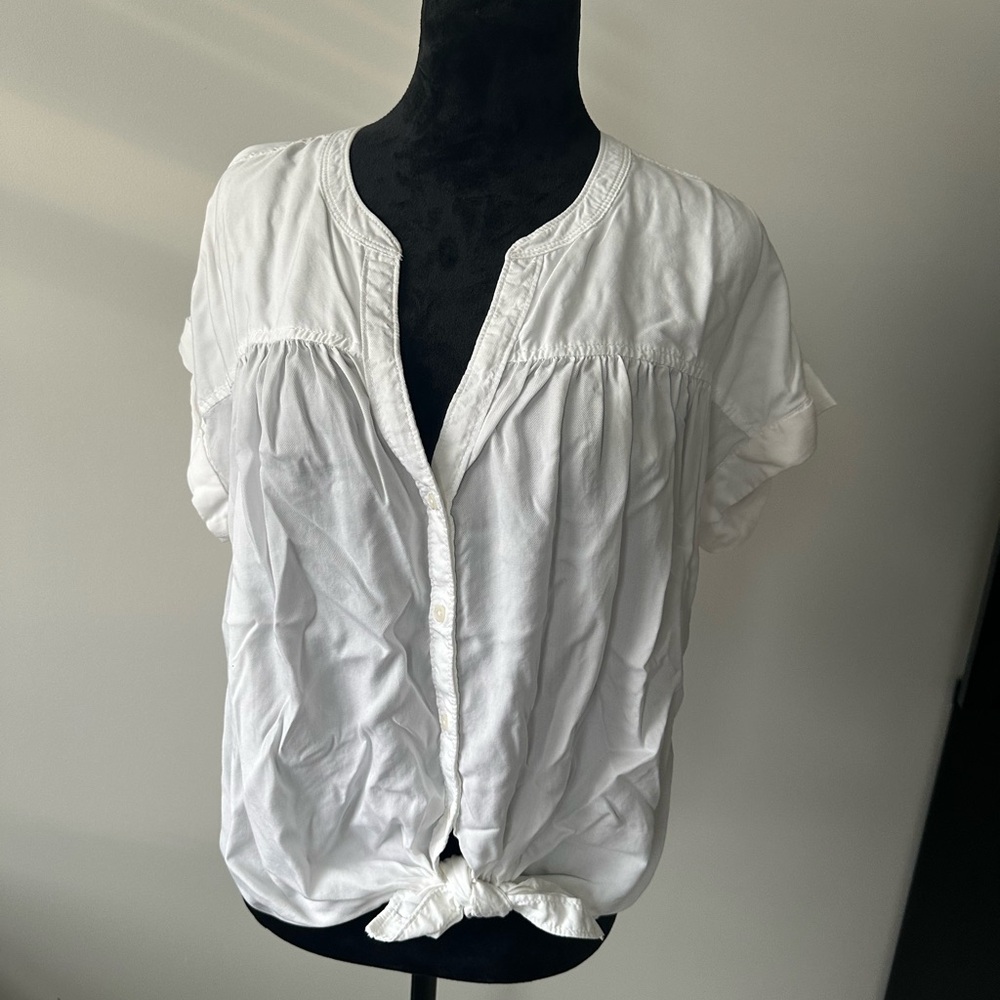 LOFT White Button Down Shirt with Mandarin Collar and Tie Front